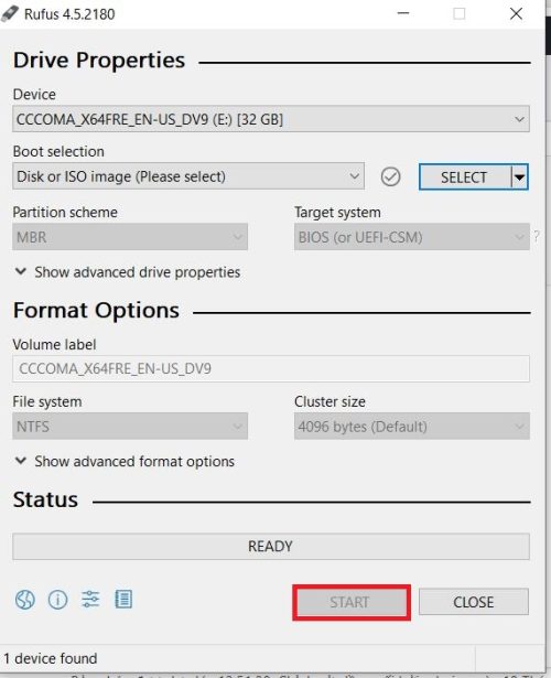 Chọn START, để bắt đầu quá trình tạo USB Boot